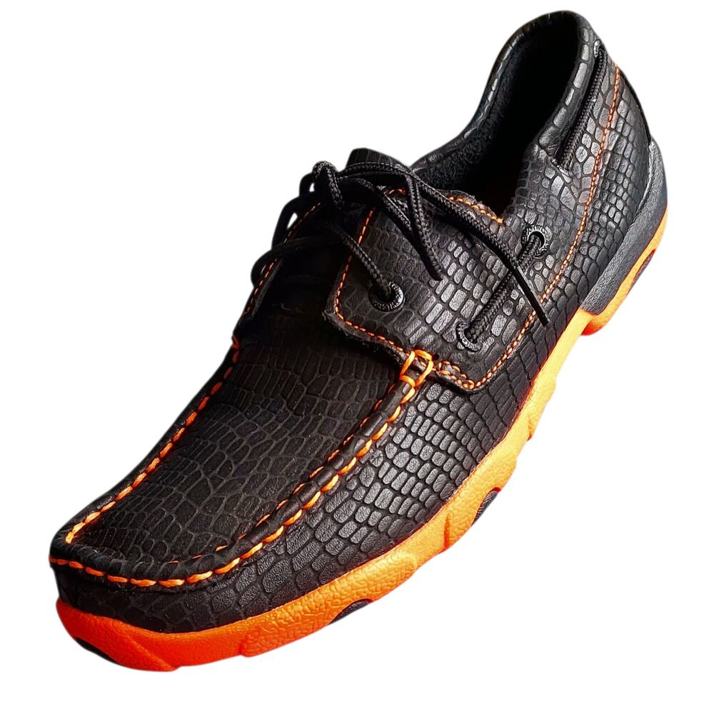Twisted X Men's Leather Croc Print Lace Driving Moc Loafer Black Orange Size 9.5
